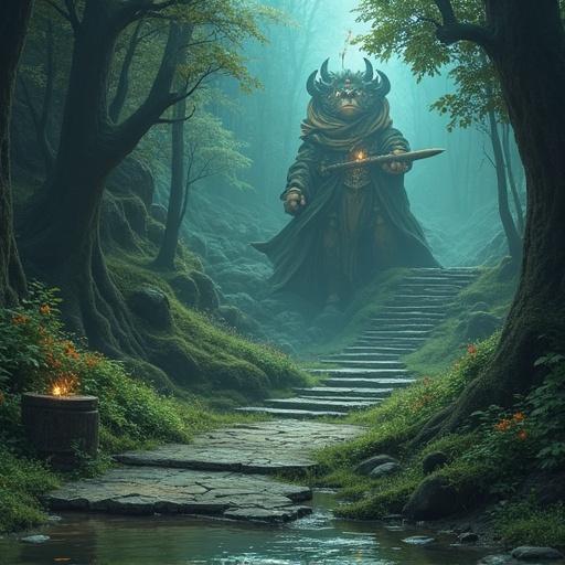 Digital art depicting a fantasy scene with a giant armored figure in a magical forest. A stone path leads through lush greenery and magical elements. Potential for use in game menus.