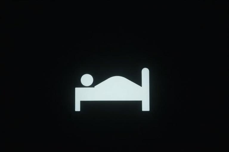Analog horror symbol featuring a white interior bedroom symbol on a black background. A figure lies on a bed with a form partially blending into the mattress. The style is eerie and minimal, creating an unsettling atmosphere.