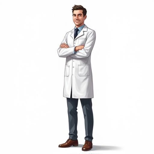 Draw an unrealistic scientist standing straight against a white background. Focus on full body pose. The scientist wears a lab coat and stands confidently with arms crossed.