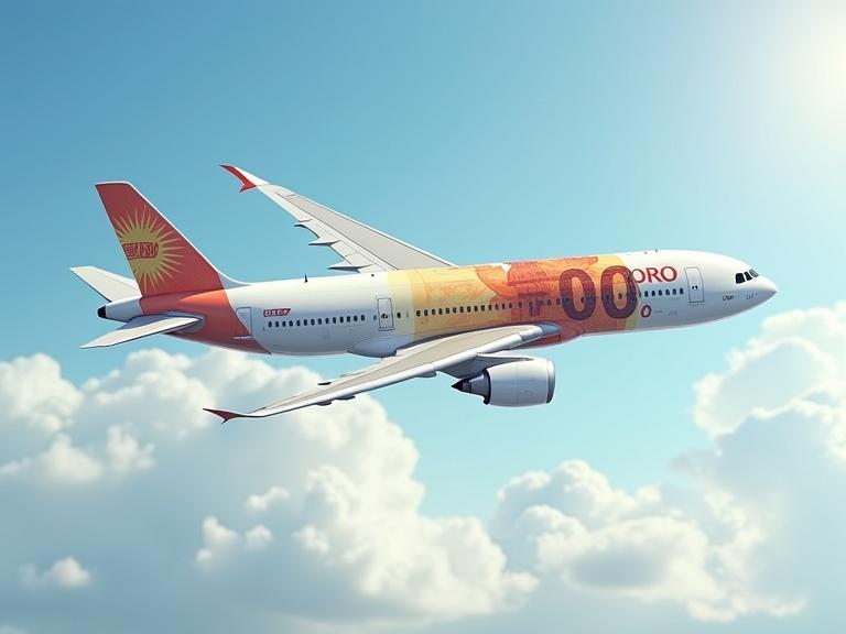Airplane with euro banknote design in flight. Clear blue sky background. White airplane with vibrant colors showing currency.