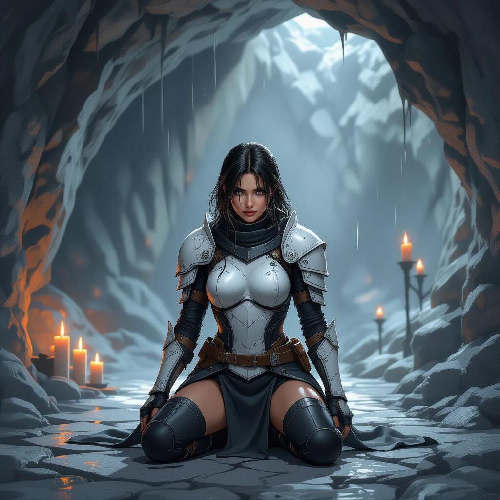 A drawing of a woman in black and white armor. She is kneeling on gray stone floor. The background features a gray cave wall with torches and candles surrounding.