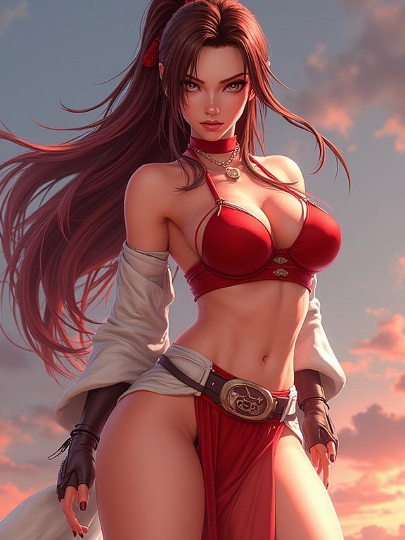 Image of a female character inspired by Mai Shiranui from the Fatal Fury series. She wears a red outfit, has long hair, and showcases a toned figure. The background features a sunset.