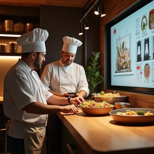 Top chefs collaborate in an advanced kitchen setting. They use integrated smart technology and prepare beautiful dishes. Warmly lit environment with natural wooden surfaces. Soft lighting enhances the inviting space. Touchscreen system used for meal preparation.