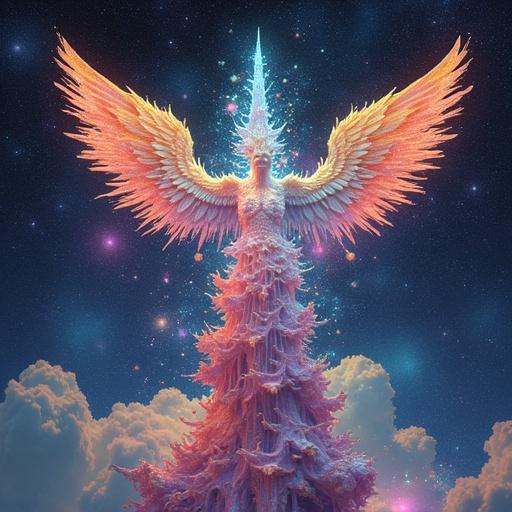 Fractal art features large angelic figure made of crystals with vibrant colors. Ethereal atmosphere with clouds in the background. Surreal and otherworldly. Evokes a psychedelic experience.