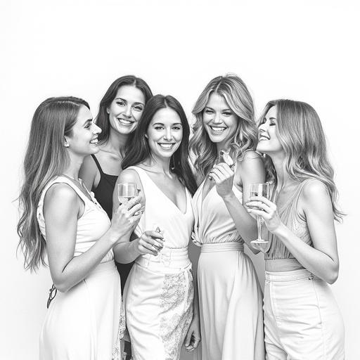 Pencil drawing shows a joyful group of women celebrating at a party. Full body view of the women. Background is a solid white color. Artwork features detailed linework. Bold texture adds depth to the drawing. Women are in dynamic poses with happy expressions.