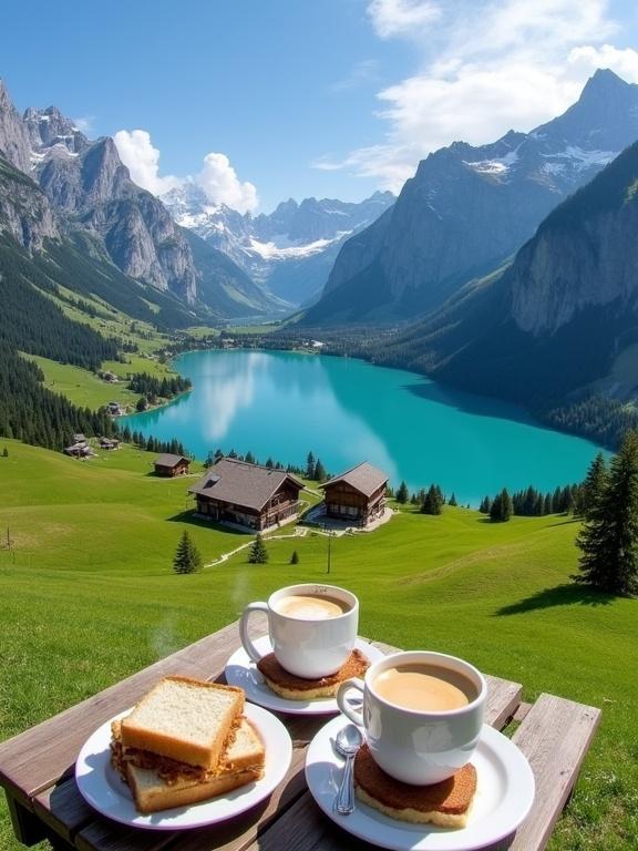 Stunning alpine landscape with a turquoise lake. Lush meadows and towering mountains surround the lake. Green hills with trees. Traditional brown wooden houses with white trim are present. A wooden table in the foreground has large coffee cups and sandwiches. The lake reflects the mountains and sky. Snow-capped peaks rise in the background. Bright blue sky with wispy clouds. Serene and majestic atmosphere.