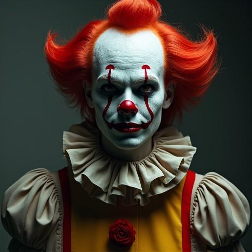 A female clown with red hair and white face paint. Clown has red lips and a red nose. Features a ruffled collar and a rose accessory. Portrays an eerie and unsettling expression.