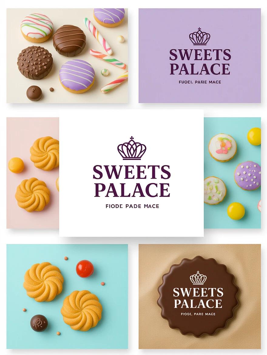 A minimalist and eye-catching logo is displayed featuring the name 'Sweets Palace' in Portuguese. The logo is integrated with various stylish confectionery items in purple hues. The arrangement includes colorful desserts differing in shapes and sizes including macarons, cookies, and candy.
