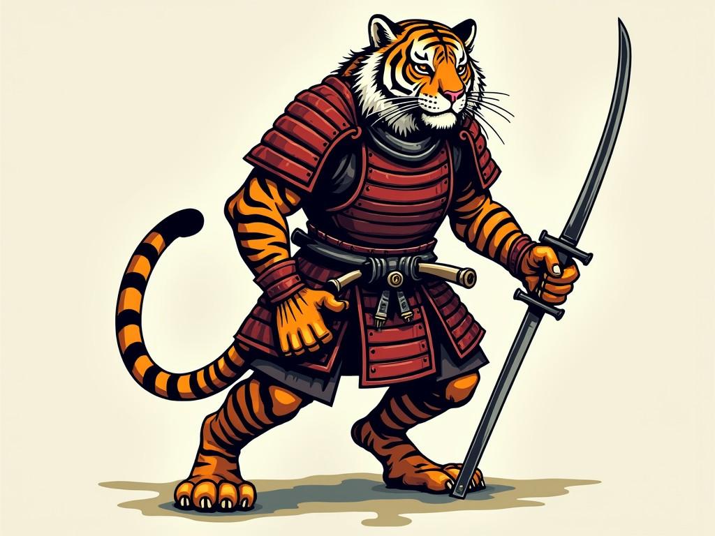 This image features a humanoid tiger dressed in samurai armor, exuding a powerful and mystical presence. The tiger stands upright, wielding a traditional Japanese sword, and its gaze is focused and intense. The detailing on the armor, along with the bold orange and black stripes of the tiger, creates a striking visual contrast.