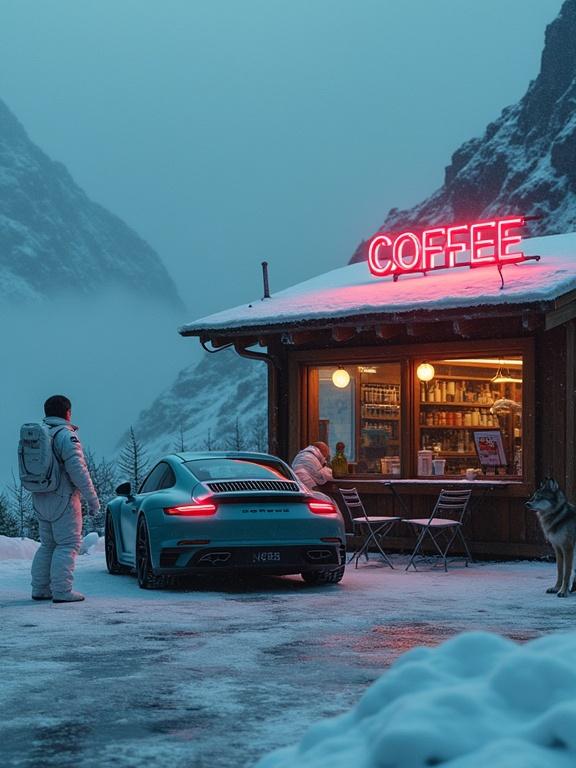 Ultra-realistic scene with a snow-covered mountain valley at dusk. A wooden coffee shop is illuminated from inside. A red neon sign says 'COFFEE'. A teal Porsche is parked outside, with headlights on. An astronaut in a white suit sits at a table, looking contemplative. A wolf stands nearby in the mist. The atmosphere is serene yet intense, highlighting themes of isolation and reflection.