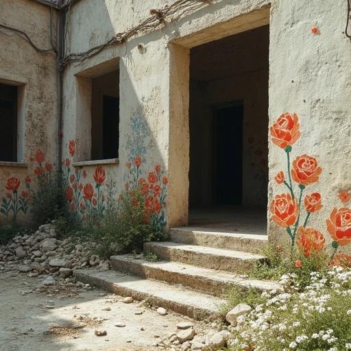 Floral patterns cover the walls of a weathered building. Bright red roses stand out against the beige concrete. Surrounding rubble and greenery accentuate the scene. Stairs lead into the structure's entrance. Natural light illuminates the area.