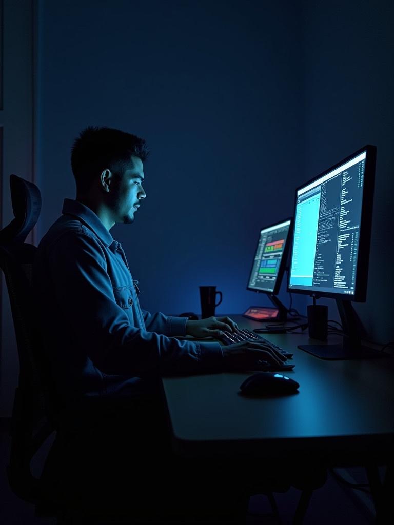 Person focuses on glowing computer screens. The person types on the keyboard. The environment is dark and features bluish lighting. Multiple monitors display data.