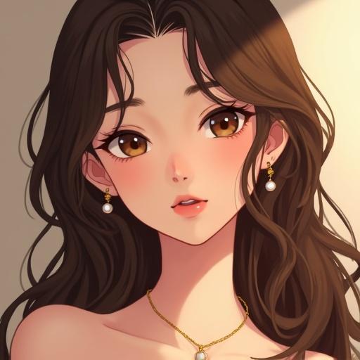 Anime artwork featuring a young woman with brown eyes and long brown hair. She has a thin gold necklace with a white pearl pendant and a fair complexion. The style is cute yet elegant, resembling Ghibli art.