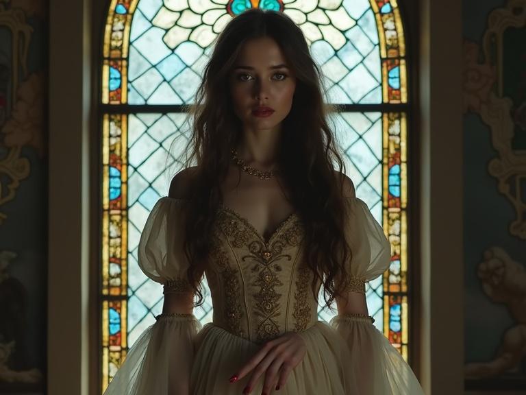 Young woman stands in front of a stained glass window. She wears an elegant dress with detailed decoration. Hair is long and flowing. The expression suggests serenity and mystery. Toenails are painted red.