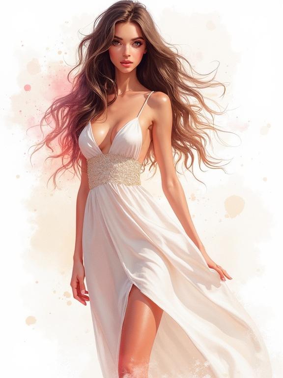 Cartoon featuring a stunning model in a flowing white dress. Style combines elements of watercolor and artistic techniques. Emphasis on beauty and elegance with a clean background.