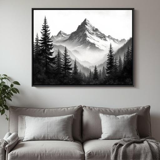 Mountain landscape in black and white. Abstract ink painting style. Framed canvas art. Forest in foreground with misty mountains in background.
