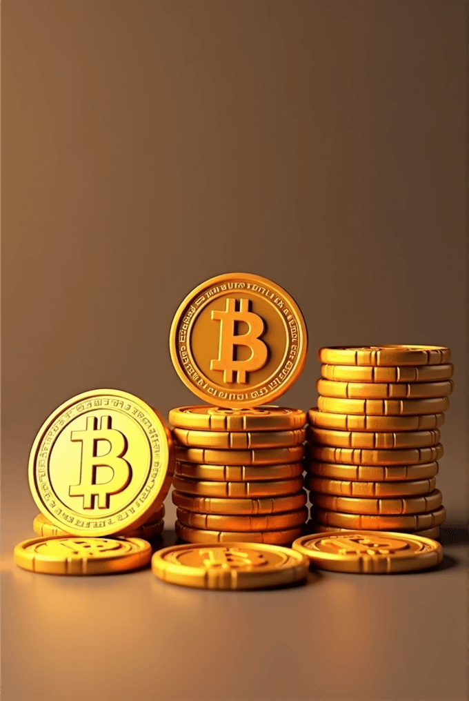 The image features stacks of shiny golden coins with the Bitcoin symbol prominently displayed.