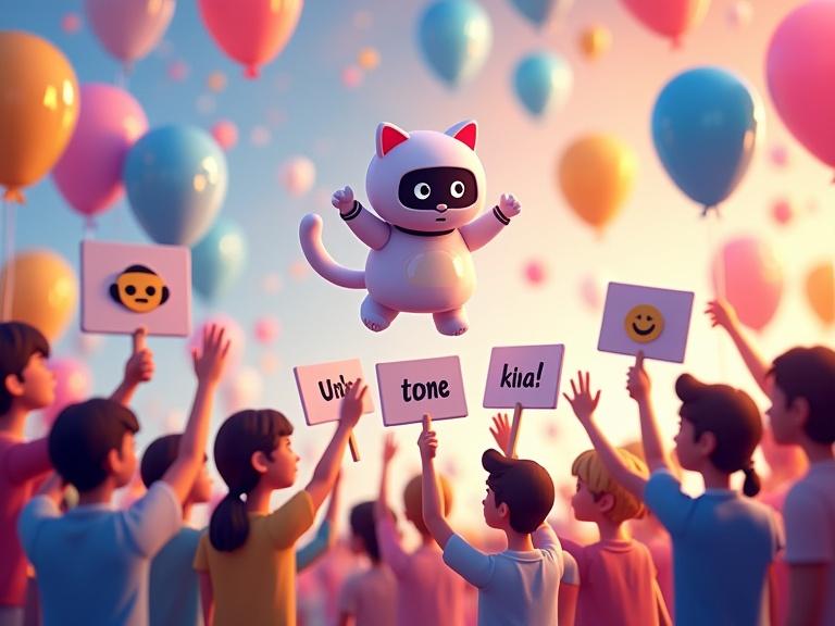 Discord server party scene with Kiki the cat chatbot floating among colorful balloons and avatars. Avatars hold signs displaying welcome messages. Fun and energetic atmosphere is conveyed.