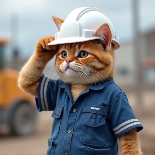 Realistic cat in helmet and work uniform on construction site scratching head looking disappointed
