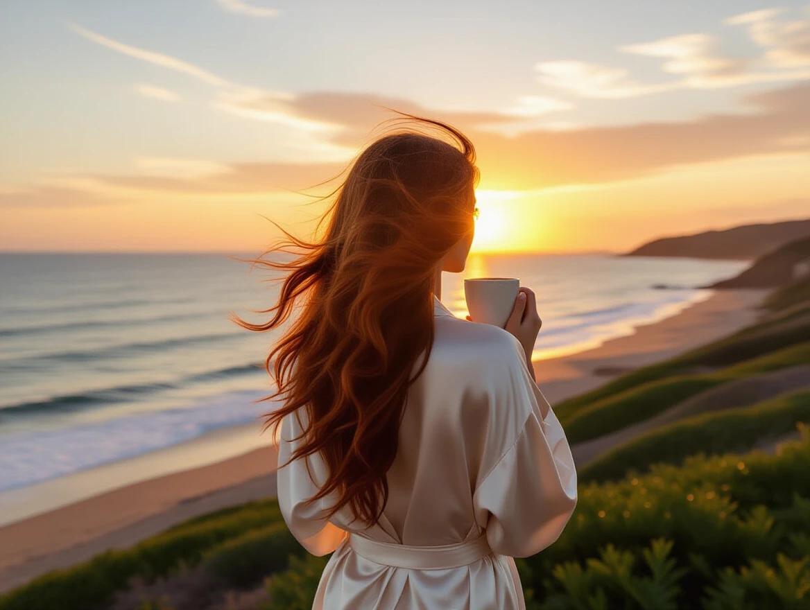 Captured a beautiful moment of a woman in a silk robe watching the sunrise. She enjoys her coffee while the ocean waves crash nearby. Her long red hair flows gracefully in the wind. The setting showcases tranquility and peace with a stunning coastal backdrop.