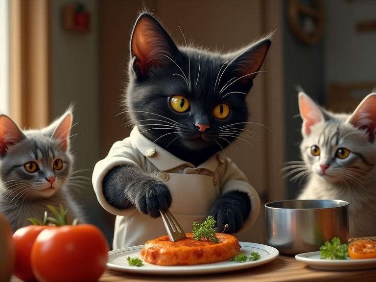 Realistic rendering of a humanoid black cat chef preparing food in a pot in a professional kitchen with other chef cats in the background.
