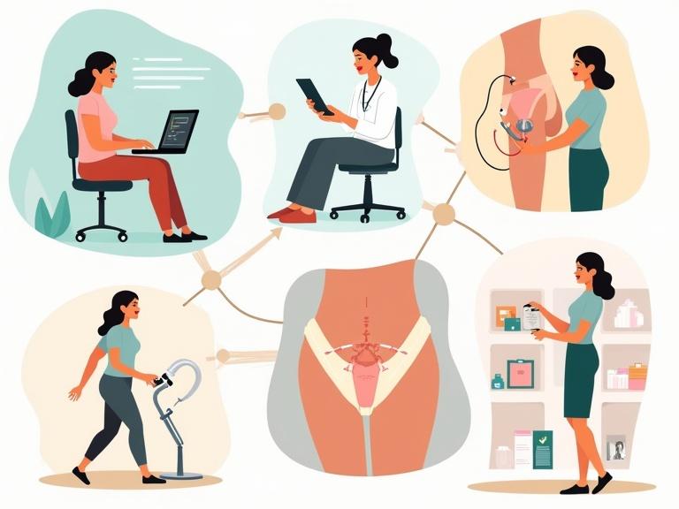 A modern illustration showing non-surgical techniques for managing urinary incontinence. Divided into soft vignettes depicting women using various methods like biofeedback, electrical stimulation, pessary fitting, and selecting continence products. Clean background in calming tones. Includes anatomical outlines for context. Focus on clarity and empowerment.