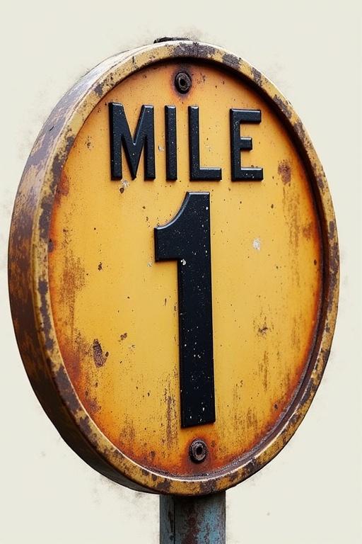 Circular sign in yellow color. Black lettering displaying 'MILE 1'. Round shape evokes a coin resemblance. Background is neutral and enhances visibility.