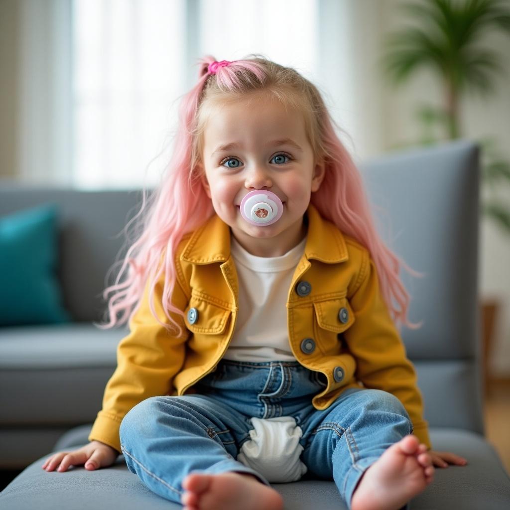 Nine year old girl with long pink hair wearing a yellow denim jacket and denim trousers. Sitting in a waiting room. Smiling with a pacifier in her mouth. Green eyes. Bright and cheerful atmosphere.