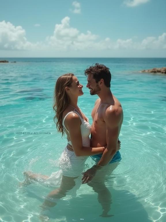 A wedding couple enjoying a moment in shallow turquoise water. They are smiling and embracing each other. The ocean is calm with a bright sky overhead.