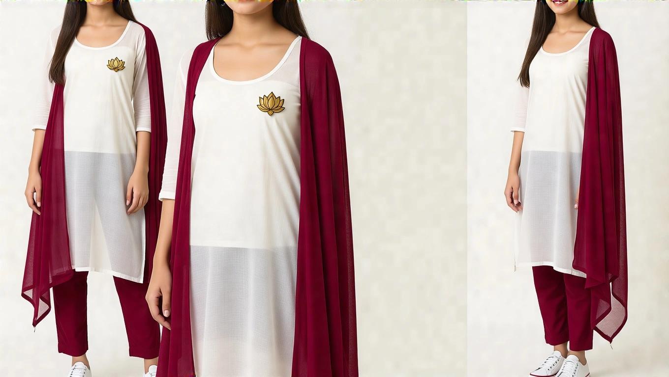 Photorealistic image of a girl wearing knee length sheer cotton kameez. Maroon dupatta drapes from shoulder to knees. Maroon pants with white sneakers. White rectangle name tag on right shoulder. Golden metal lotus crest above name tag. Sheer fabric shows skin. Low cut white tank top visible through white kameez.