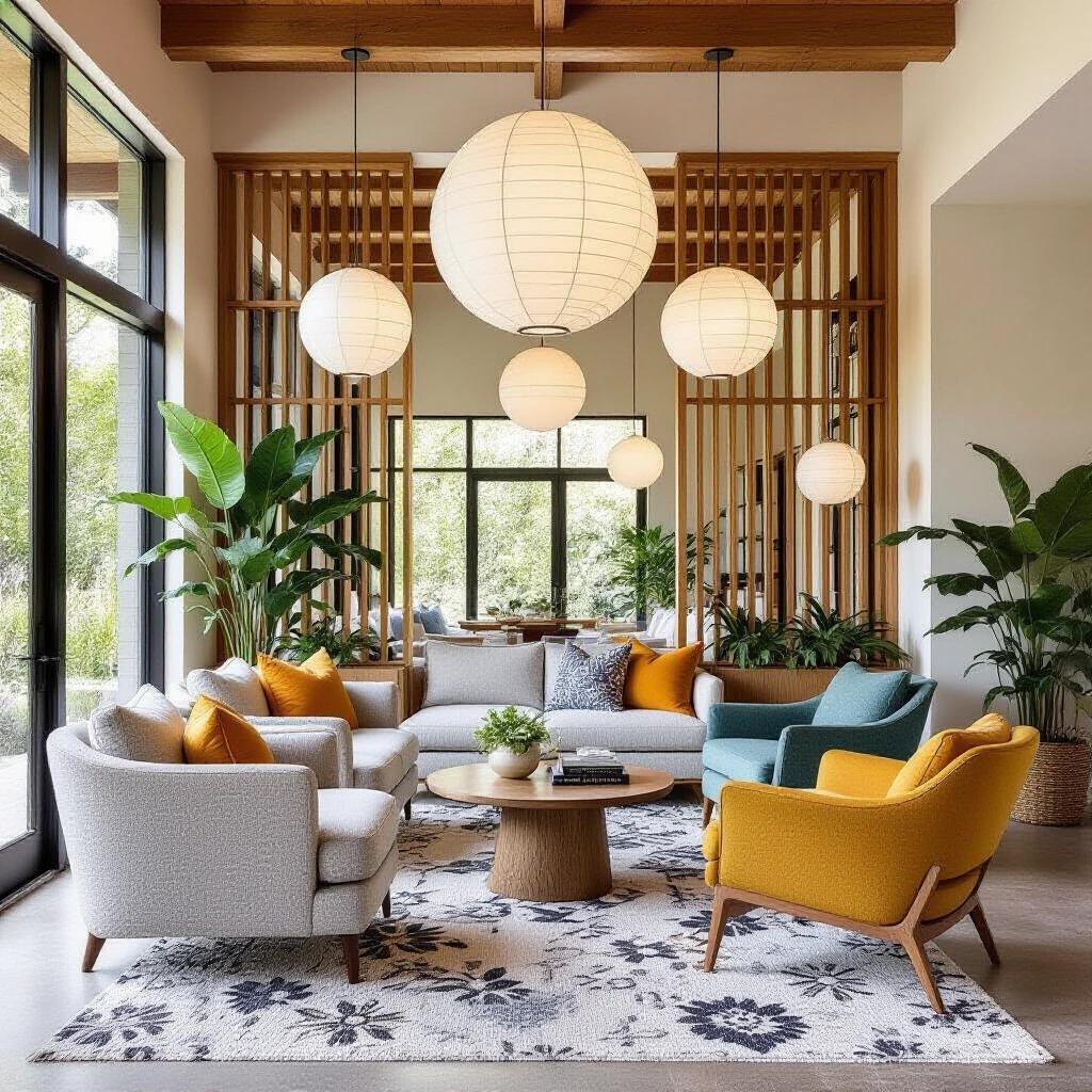 Photorealistic wide-angle view of a luxurious modern sitting room. Blends biophilic design and mid-century modern style. Features light oak wood slat partitions with plants. Seating includes light grey sofas and mustard yellow, teal chairs with rattan caning. Bold floral patterned carpet on the floor. Soft white spherical pendant lights hang from the ceiling. Room has abundant natural light and a relaxing atmosphere.