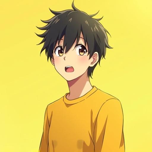 Ai anime boy wearing a yellow T-shirt with spiky black hair. The expression is cheerful and curious.