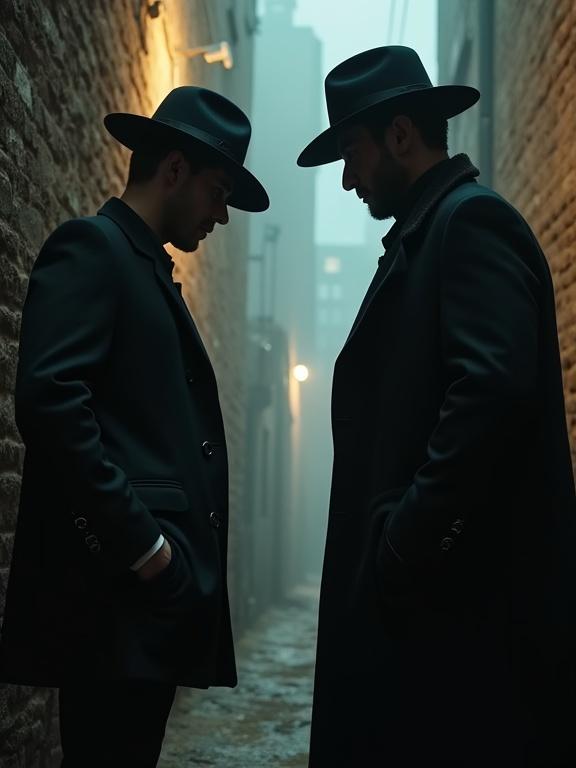 Two men in formal black coats and hats stand in a narrow alley. One man faces the other. A foggy atmosphere surrounds them. It feels tense and dramatic.