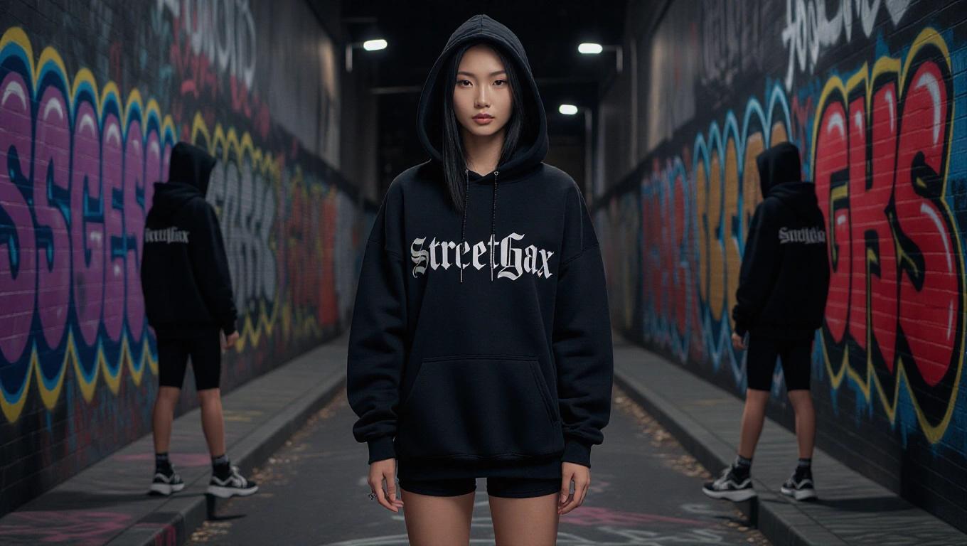 Ultra-realistic full-body photo of slim 19-year-old East Asian girl with natural skin texture. She has long straight black hair, large almond-shaped eyes, and full lips. Wearing a loose black oversized hoodie with bold white gothic letters, black biker shorts, and chunky sneakers. Standing against a graffiti-covered wall at night with leg bent and arms crossed. Looking confidently at the camera with a subtle smile. Two modified JDM cars behind her with bright neon underglow lights on wet pavement. Cinematic lighting with realistic textures and imperfections.