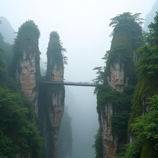 Towering sandstone pillars in Zhangjiajie National Park covered in mist. Ferns and vines on pillars. A suspension bridge connects peaks. Milky white sky enhances formations. Include karst landscape and ethereal fog.