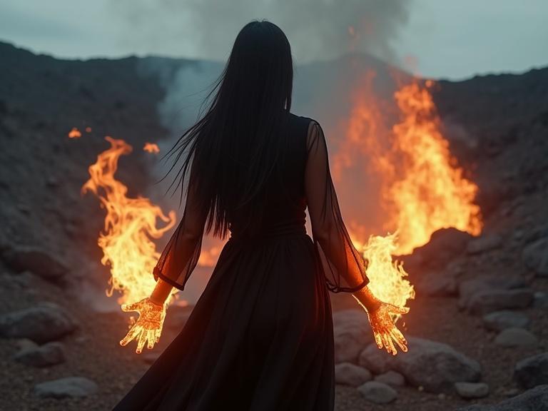 Realistic dark cinematic closeup of a slender woman with long straight black hair wearing a black dress. She has pyrokinesis powers, waving her arms with flames around her. The landscape features smooth volcanic rocks, smoke, and glowing magma with heat distortion and falling ash. Dramatic shadows in a dark cloudy sky.