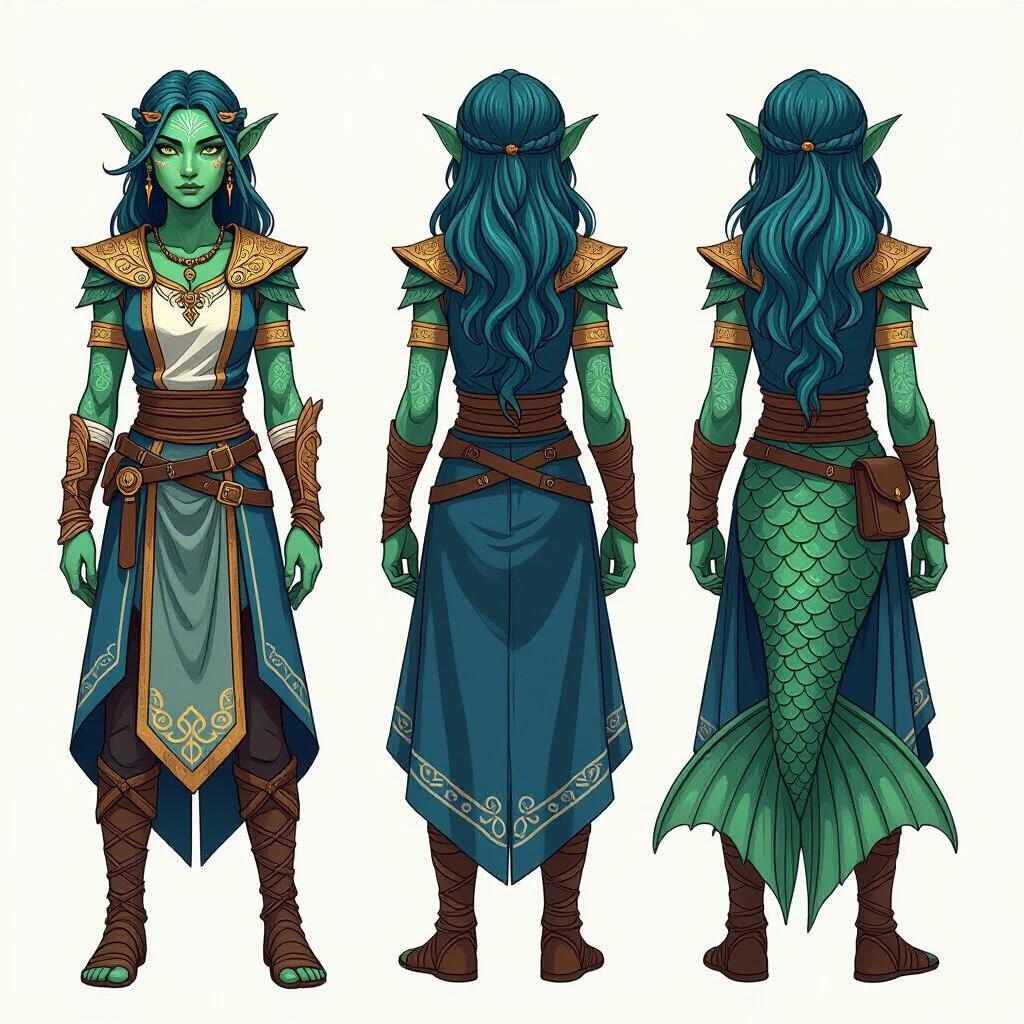 Young female Triton character design. Features include blue-green skin and finned ears. Human legs with a fish-like tail. Outfit is Greek inspired with gold accents. Hair is dark blue and green. Poised to represent a celestial theme. Character is influenced by a druid's aesthetics. Artistic style blends realism and fantasy.