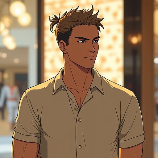 Character illustration of a handsome man in a Gucci store. He has silver eyes, short light brown spiky hair, and wears an expensive polo shirt. The setting is modern and luxurious. He looks happy and is shopping around. Light gold and onyx black colors are predominant.