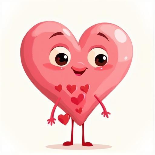 A character named Al-Qalb has a body shaped like hearts. The face is heart-shaped and drawn in a non-realistic style. Small upside-down heart eyes and an asymmetrical heart-shaped mouth. Back has hearts arranged in a row. Neck and legs are heart-shaped. The design is whimsical and quirky but visually appealing.