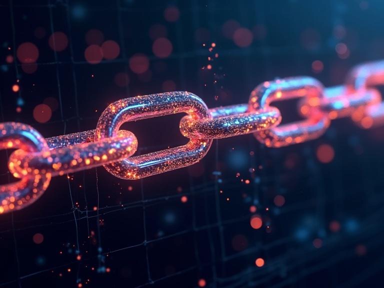A glowing 3D chain of digital blocks suspended in virtual space. Data streams flow between each segment. The background features a dark digital grid, representing decentralized finance and crypto security.