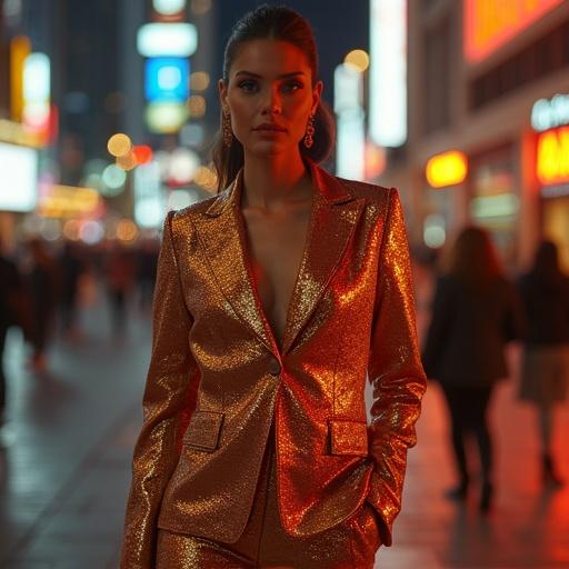 Stylish figure in glowing outfit stands in chic urban setting. Background features lights and depth creating atmosphere. Outfit exudes luxury and elegance.