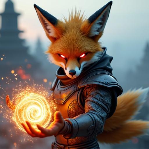 Hyper-realistic anthropomorphic fox in a battle suit generates energy orb. Features intense glowing eyes and spiky fur. Scene set in a twilight battlefield with smoldering debris. The fox expresses fierce determination with dynamic posture. Ultra-detailed textures and cinematic lighting incorporated.