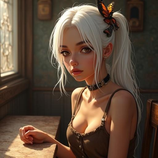 A highly detailed digital painting of a girl with white hair and a butterfly tattoo sitting at a table in a tavern. She has a dynamic angle view showcasing her nicely dressed in a brown pinafore dress. The setting is warmly lit with a detailed background.
