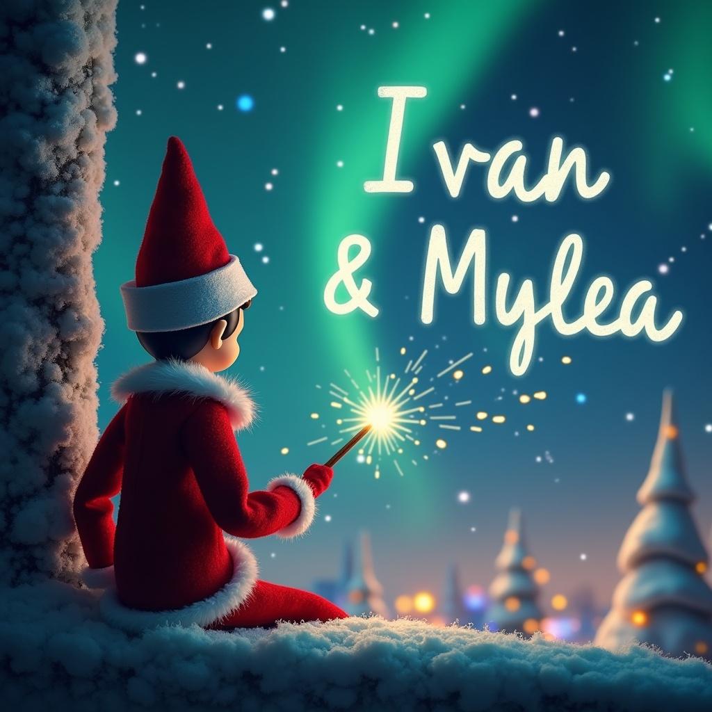 This image features an elf on the shelf, sitting on a snowy ledge with his back to the viewer. He is gazing up at the night sky where the northern lights are shimmering. The elf is using a wand to elegantly write the names 'Ivan & Mylea' in a glowing script amongst the stars. The background is filled with a magical Christmas landscape decorated with snow-covered trees and twinkling lights. The scene captures a whimsical holiday spirit, inviting wonder and joy.