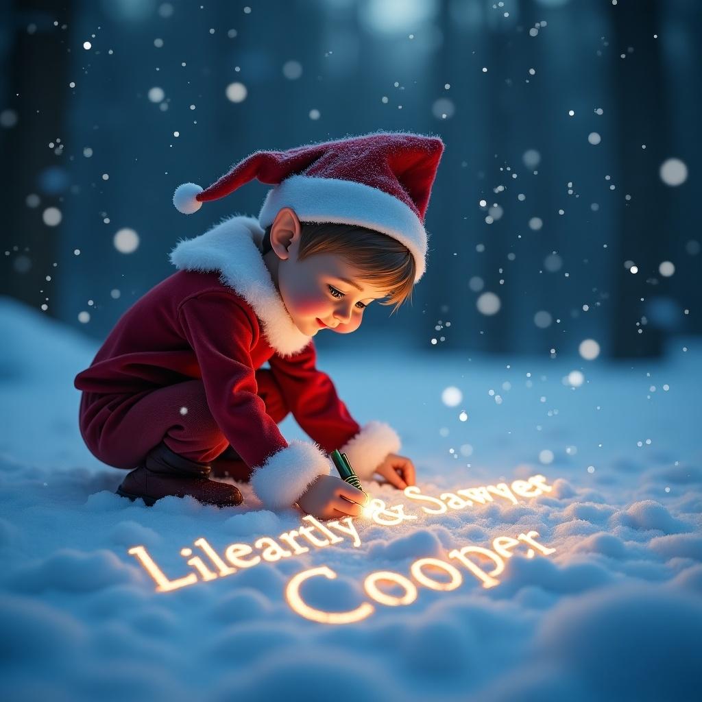 In a magical winter setting an elf dressed in red writes names in the snow with a glowing pen. Soft snowflakes fall around creating an enchanting atmosphere. The scene is softly lit highlighting the elf and the letters.