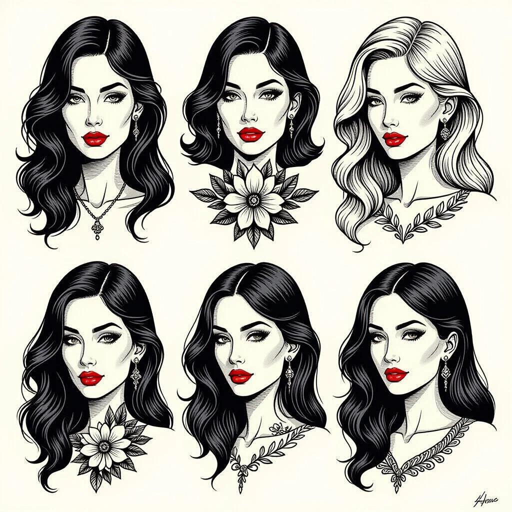 Flash tattoo sheet displays various portraits of exotic women. Brunette blonde and redhead features showcased with thick black and white minimalist tattoos. Floral elements accompany the portraits. Art inspired by various artists including Russ Mills and Patrick Nagel.