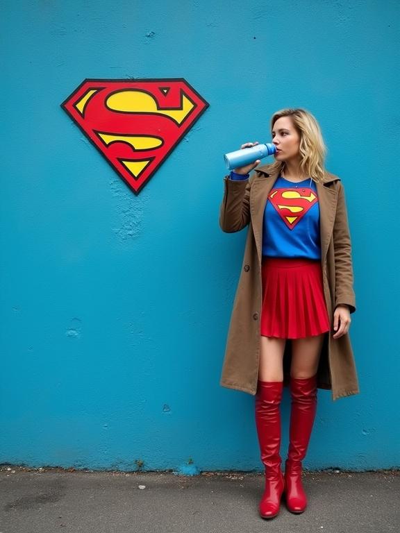 Photograph of a woman in a brown coat with a blue top and a red Superman emblem. She wears a red mini-skirt and red knee-high boots. The woman drinks from a blue water bottle. The wall is blue with texture. The ground is dark gray pavement. The angle is eye-level with soft focus. Natural light comes from the left. The composition uses the rule of thirds. The photo has sharp details and vibrant colors.
