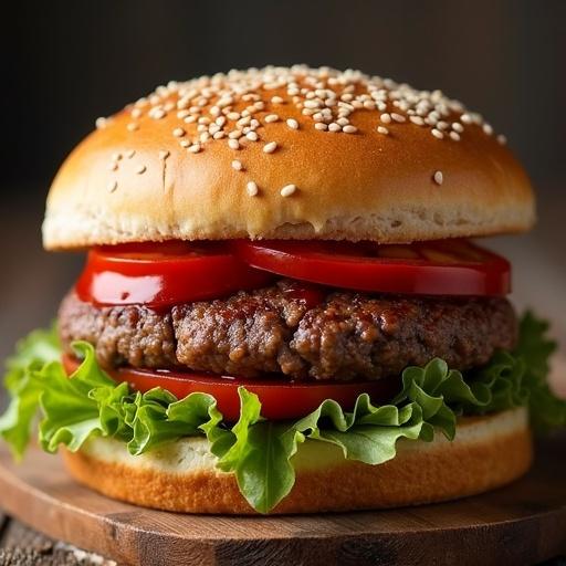 Hamburger sandwich with sesame seed bun. Layers include onion, tomato, lettuce, hamburger patty with mayonnaise and ketchup. Grilling pan or surface in the background, blurred.