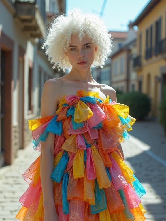 Model wearing a colorful dress made from plastic bags. Dress features bright, bold colors and layered design. Photo captured in a narrow charming street. Showcases creativity and unique fashion.