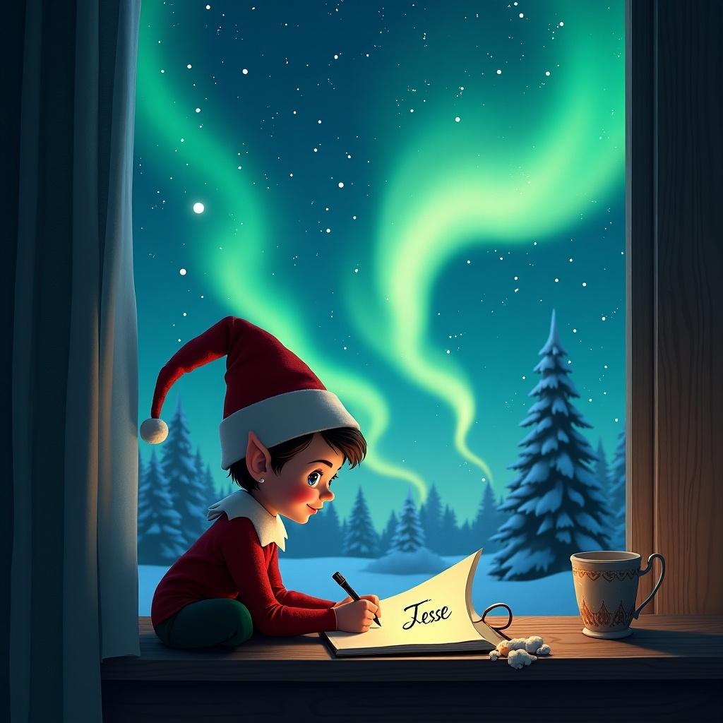 An enchanting scene featuring a young elf sitting by a window during winter. The elf, wearing a classic red hat and outfit, is focused on writing the name 'Jesse' on a piece of paper. Outside the window, the mesmerizing northern lights illuminate the night sky, casting a magical glow. The snowy forest can be seen in the background, completing the cozy holiday atmosphere. A steaming mug sits beside the elf, emphasizing the warmth of the scene.